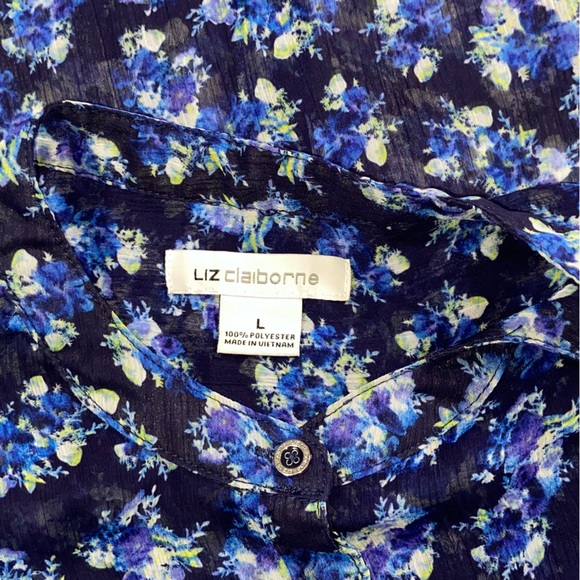 Liz Claiborne Sheer Blue Floral Button Down Blouse Top - Women’s Large - Picture 10 of 11
